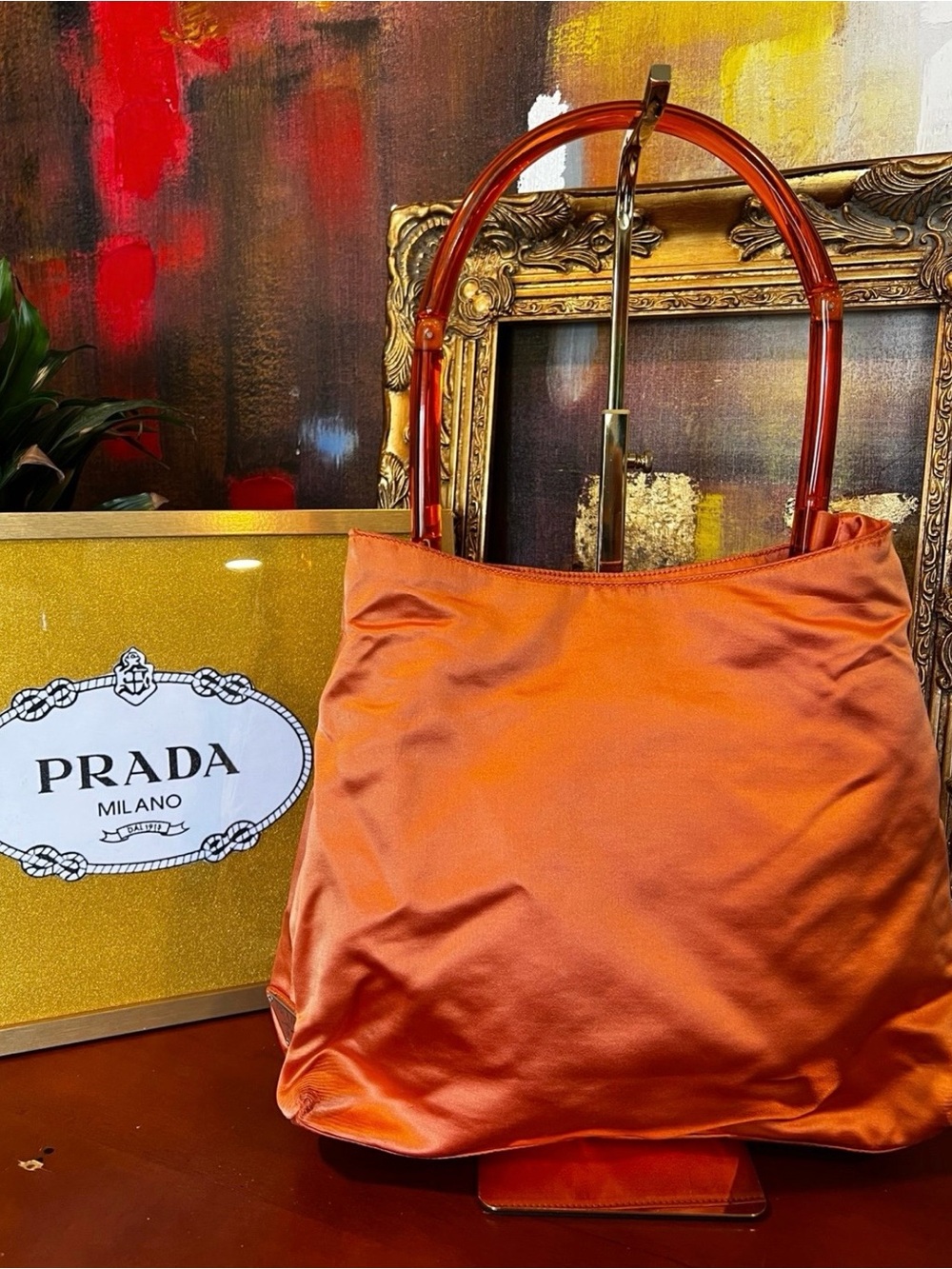 Vintage Prada Coral Orange Satin Bag Plexiglass Handle Made in Italy - Picture 7 of 11